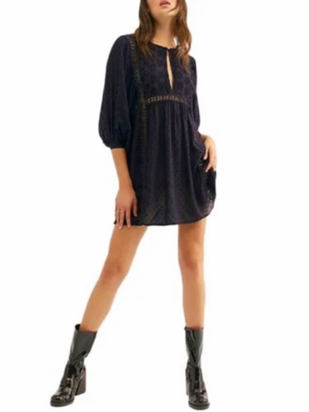 Free People Black & Purple Crochet-Detail Mini Dress